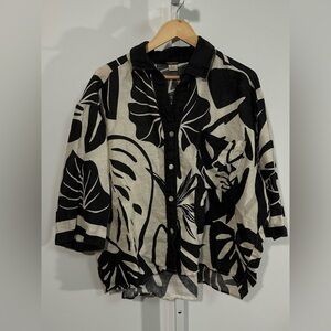 Magaschoni 100% Linen Oversized Tropical Leaf Shirt – Black & Natural Women’s XL
